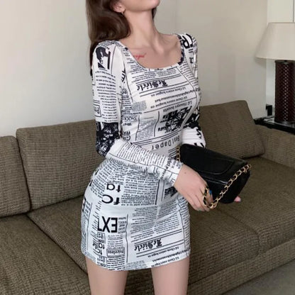 Dress for Women Korean Style Tight Newspaper Printed Dress Summer Hot Girl Suspender Short Skirt Pure Desire Long Sleeved Dress