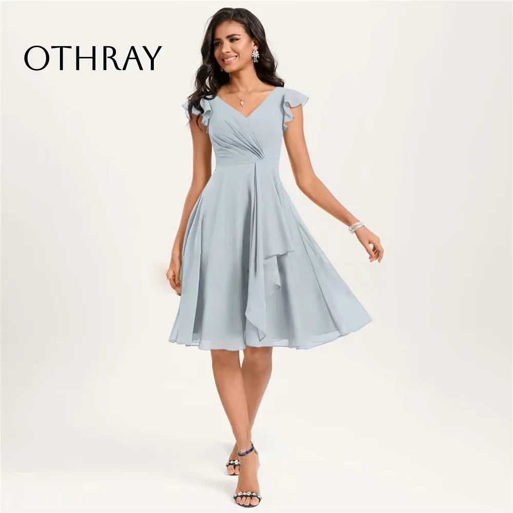 New A-line Bridesmaid Dress With Ruffle Prom Dresses V Neck Party Dresses Chiffon Knee-Length Vestidos De Fiesta فساتين السهرة
