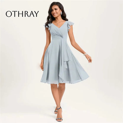 New A-line Bridesmaid Dress With Ruffle Prom Dresses V Neck Party Dresses Chiffon Knee-Length Vestidos De Fiesta فساتين السهرة