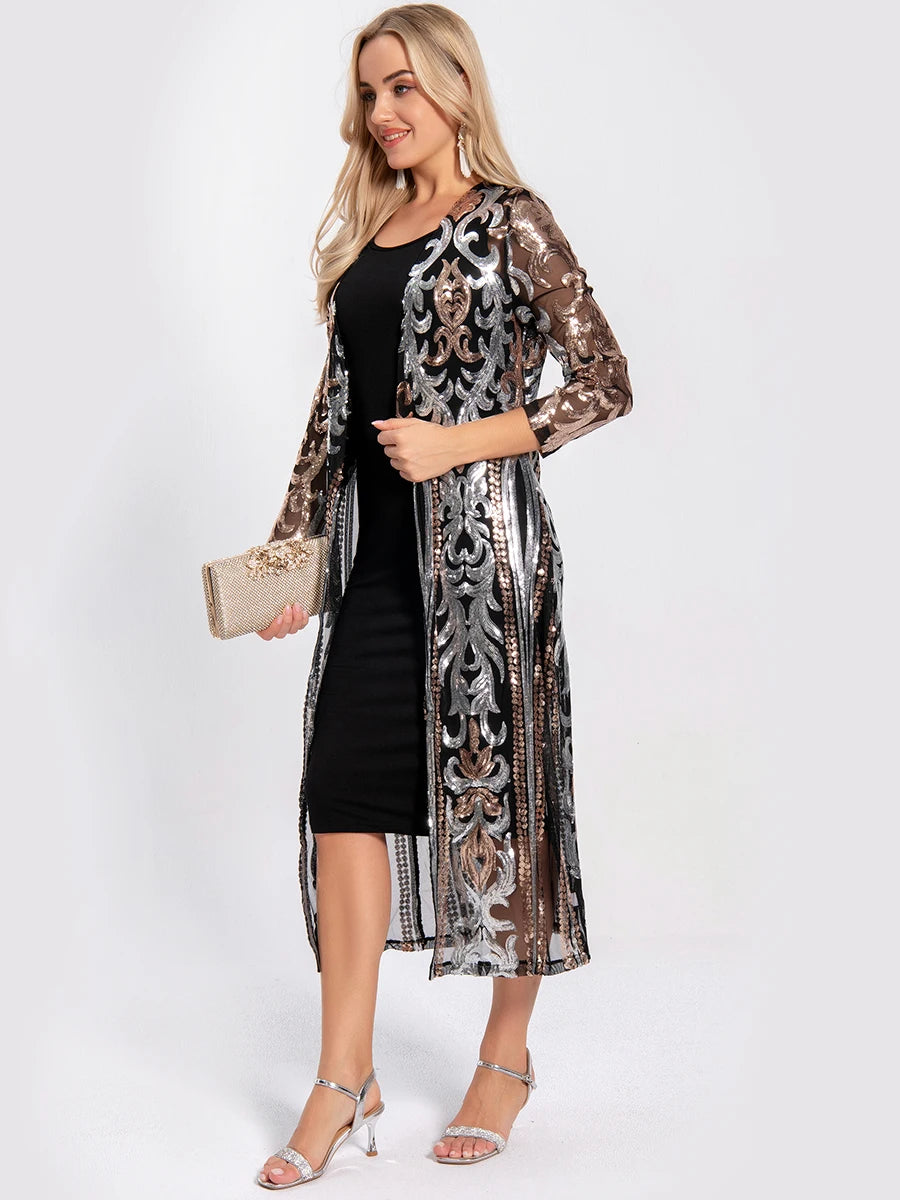 Women Sexy Long Sequin Open Front Mesh Cardigan Embroidery Long Sleeve Blouse Cover Up Coat Evening Prom Party Tops