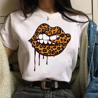 Leopard Print Simple Round Neck Lovely Woman Harajuku Graphic T Shirts Tops Summer Fashion Harajuku Sleeve Aesthetic Clothes