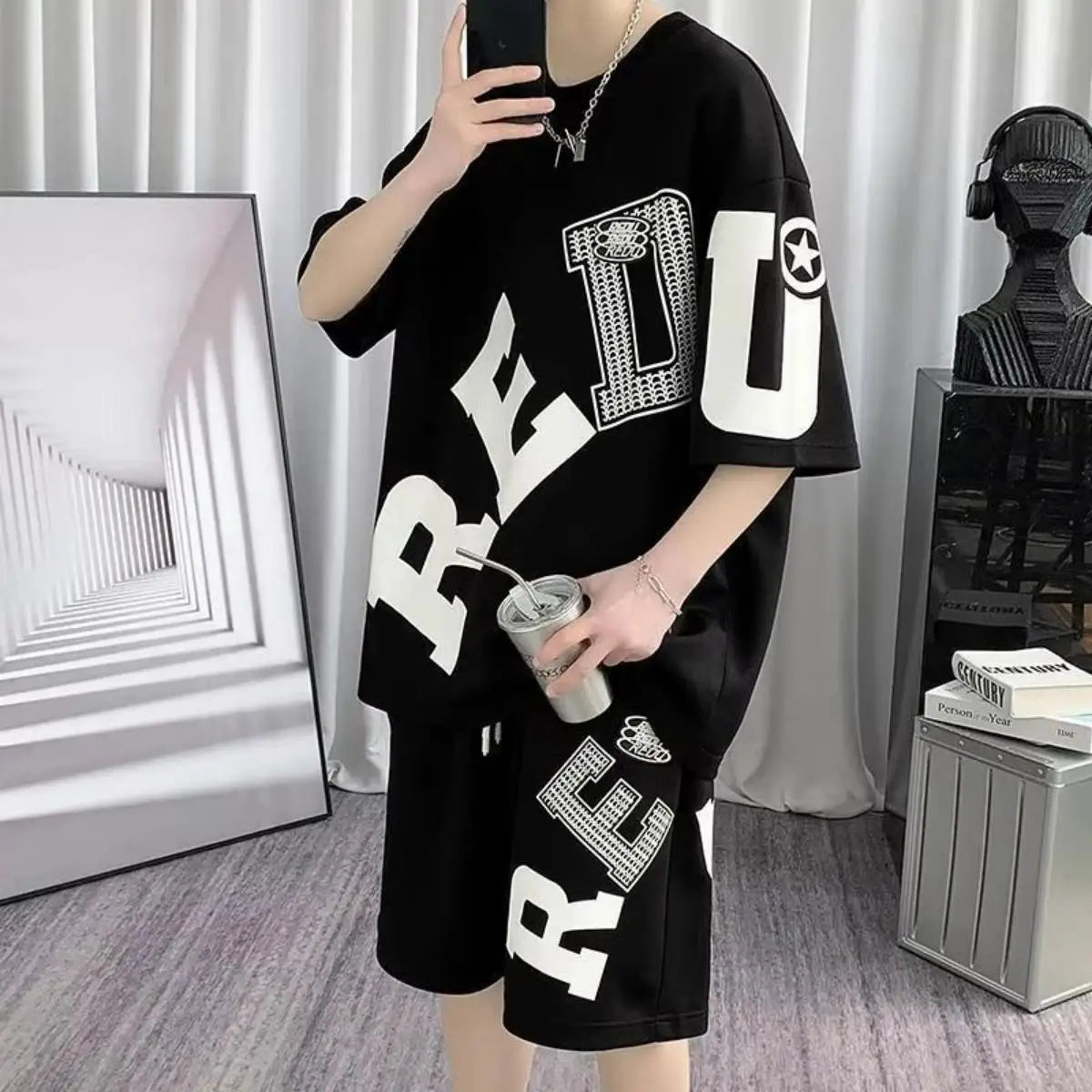 2026Summer fashion men's personalized letterprintcomfortable breathableround neck T-shirt shorts set outdoor street style outfit