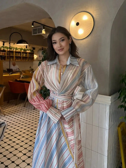 Women Multicolor Striped Maxi Dress Collared Waist Belt Wrap Long Sleeve Ruffle Hem Casual Summer Dress 2026 Trendy Lady Robe