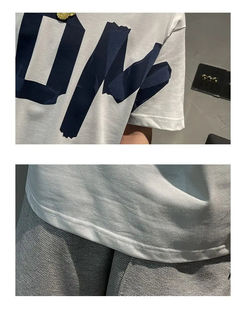 2023 Summer Casual All-match Trend Korean Fashion Short Sleeve Round Neck Solid Color Letter Printed Loose Fashion Youth T-shirt