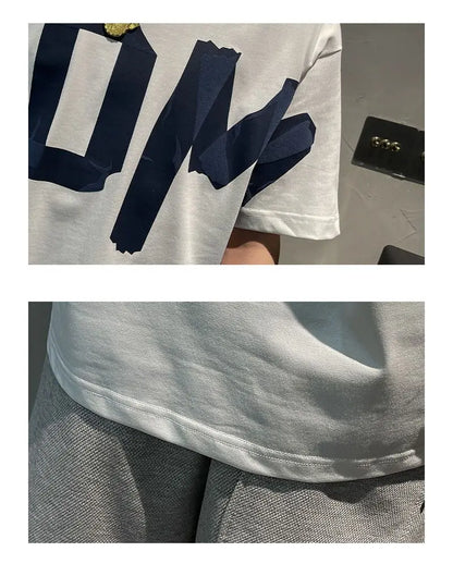 2023 Summer Casual All-match Trend Korean Fashion Short Sleeve Round Neck Solid Color Letter Printed Loose Fashion Youth T-shirt