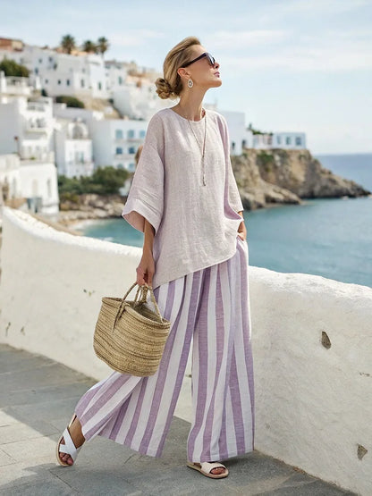 Retro Vacation Printed Striped 2Piece Set Half Sleeve Oversize Pullover Top+Long Pants Casual Women Patchwork Pocket Set Outfits