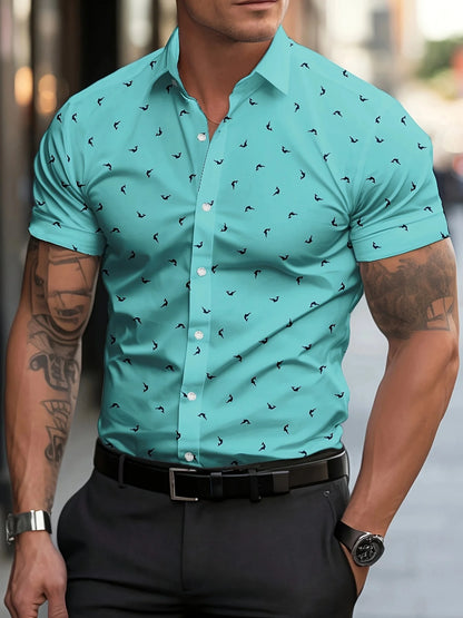 Men's Casual Short Sleeve Shirt - Summer Lightweight Breathable Fabric with Vibrant Blue Fish Print, Classic Pointed Collar