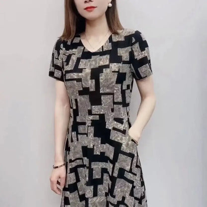 Elegant Fashion Geometric Printing Dresses Summer 2023 New Short Sleeve V-Neck Loose Tunic Pullovers Midi Dress Women's Clothing