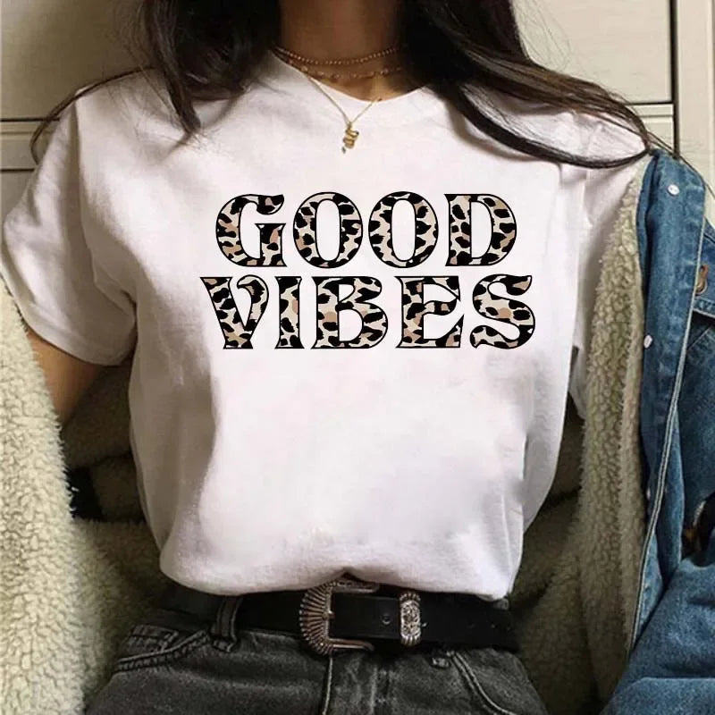 Leopard Print Simple Round Neck Lovely Woman Harajuku Graphic T Shirts Tops Summer Fashion Harajuku Sleeve Aesthetic Clothes