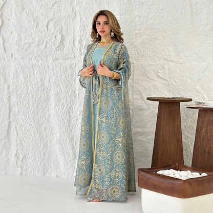 Eid Muslim Abayas for Women Party 2 Piece Set Embroidery Cardigan Robe Lace Up Dress Morocco Kaftan Islam Ramadan Dubai Vestidos