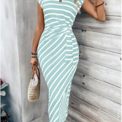Summer New Long Dress Elegant Waist Strap Fashionable Striped Print Round Neck Short Sleeved High-end Women's Dress
