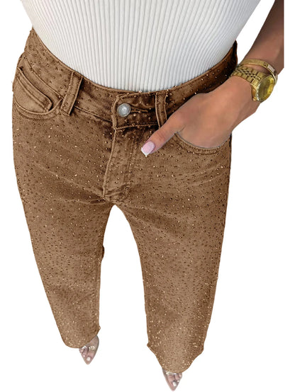 Japanese and Korean Casual Women's High Waisted Washed Denim Jeans, Loose and Slimming, Versatile and Rhinestone Hot Stamping