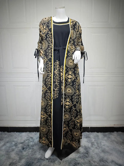 Eid Muslim Abayas for Women Party 2 Piece Set Embroidery Cardigan Robe Lace Up Dress Morocco Kaftan Islam Ramadan Dubai Vestidos