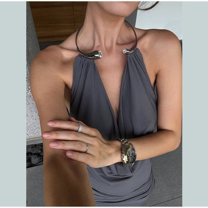 Elegant Women's Grey Halter Cowl-neck Draped Maxi Dress Sleeveless Slim Robe 2025 Summer New Fashion Female Evening Party Gown