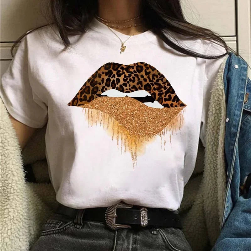 Leopard Print Simple Round Neck Lovely Woman Harajuku Graphic T Shirts Tops Summer Fashion Harajuku Sleeve Aesthetic Clothes