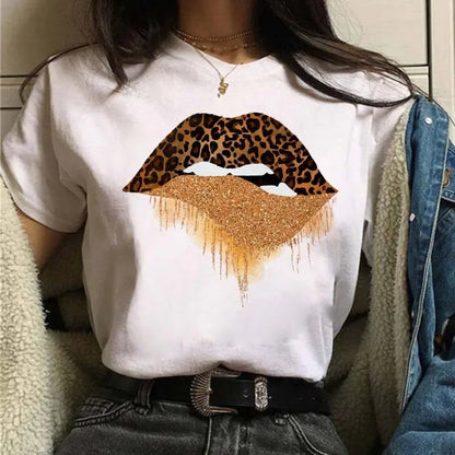Leopard Print Simple Round Neck Lovely Woman Harajuku Graphic T Shirts Tops Summer Fashion Harajuku Sleeve Aesthetic Clothes
