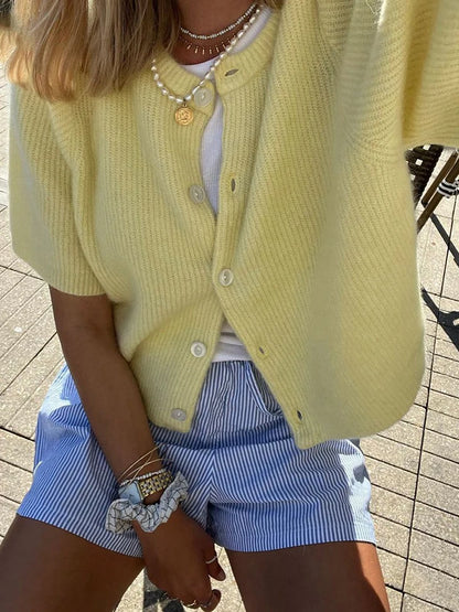 hirigin Women Knitted Crop Cardigan Shirt Short Sleeve Button Down Ribbed Knit Crop Top Y2k Girls Outwear Top Tee Shirt
