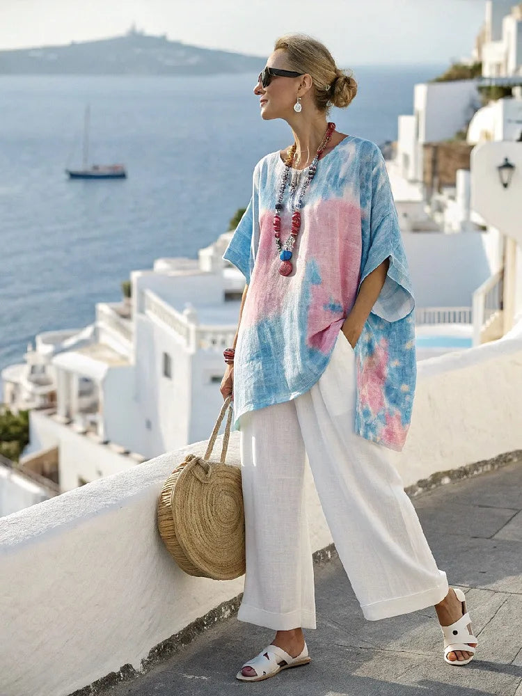 Retro Vacation Printed Striped 2Piece Set Half Sleeve Oversize Pullover Top+Long Pants Casual Women Patchwork Pocket Set Outfits