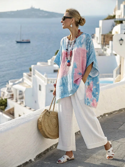 Retro Vacation Printed Striped 2Piece Set Half Sleeve Oversize Pullover Top+Long Pants Casual Women Patchwork Pocket Set Outfits