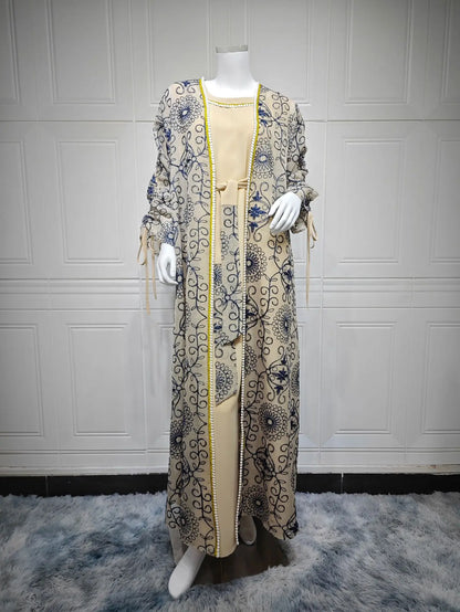 Eid Muslim Abayas for Women Party 2 Piece Set Embroidery Cardigan Robe Lace Up Dress Morocco Kaftan Islam Ramadan Dubai Vestidos