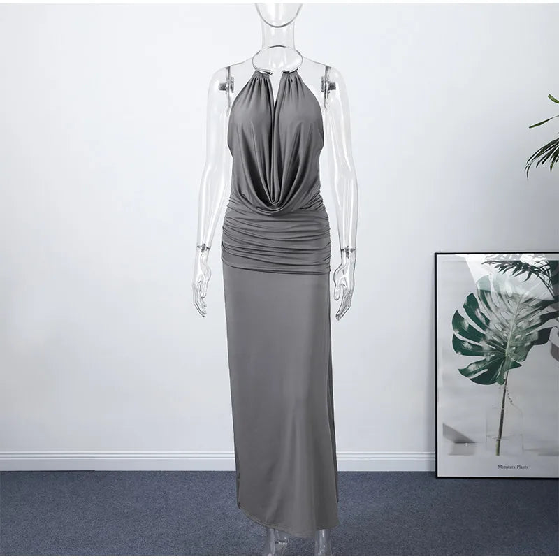 Elegant Women's Grey Halter Cowl-neck Draped Maxi Dress Sleeveless Slim Robe 2025 Summer New Fashion Female Evening Party Gown