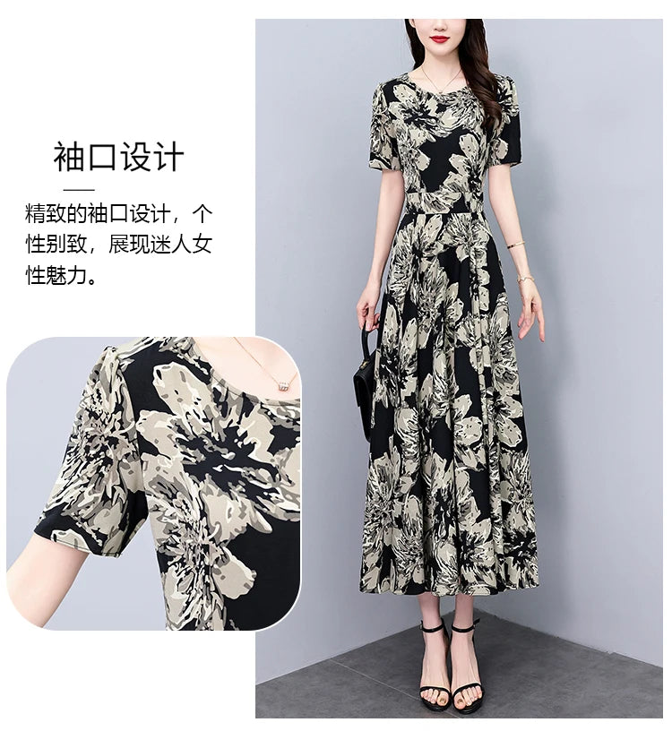 2024 Summer Floral Casual Long Sundress Women Elegant Bodycon Party Chic Prom Night Dresses Fashion Vintage Black Luxury Clothes