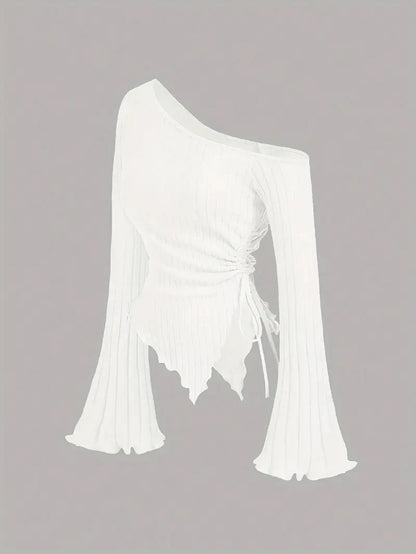 women's New off shoulder cross long sleeved slim fit casual street style asymmetrical elegant T-shirt trumpet sleeve top