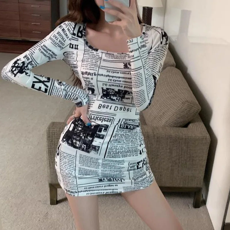 Dress for Women Korean Style Tight Newspaper Printed Dress Summer Hot Girl Suspender Short Skirt Pure Desire Long Sleeved Dress