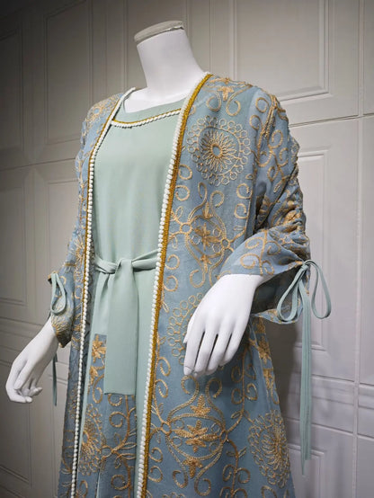 Eid Muslim Abayas for Women Party 2 Piece Set Embroidery Cardigan Robe Lace Up Dress Morocco Kaftan Islam Ramadan Dubai Vestidos