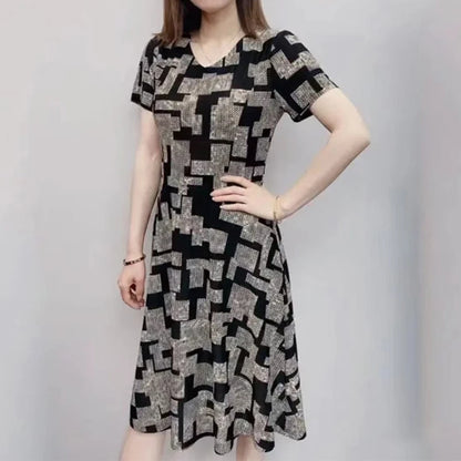 Elegant Fashion Geometric Printing Dresses Summer 2023 New Short Sleeve V-Neck Loose Tunic Pullovers Midi Dress Women's Clothing