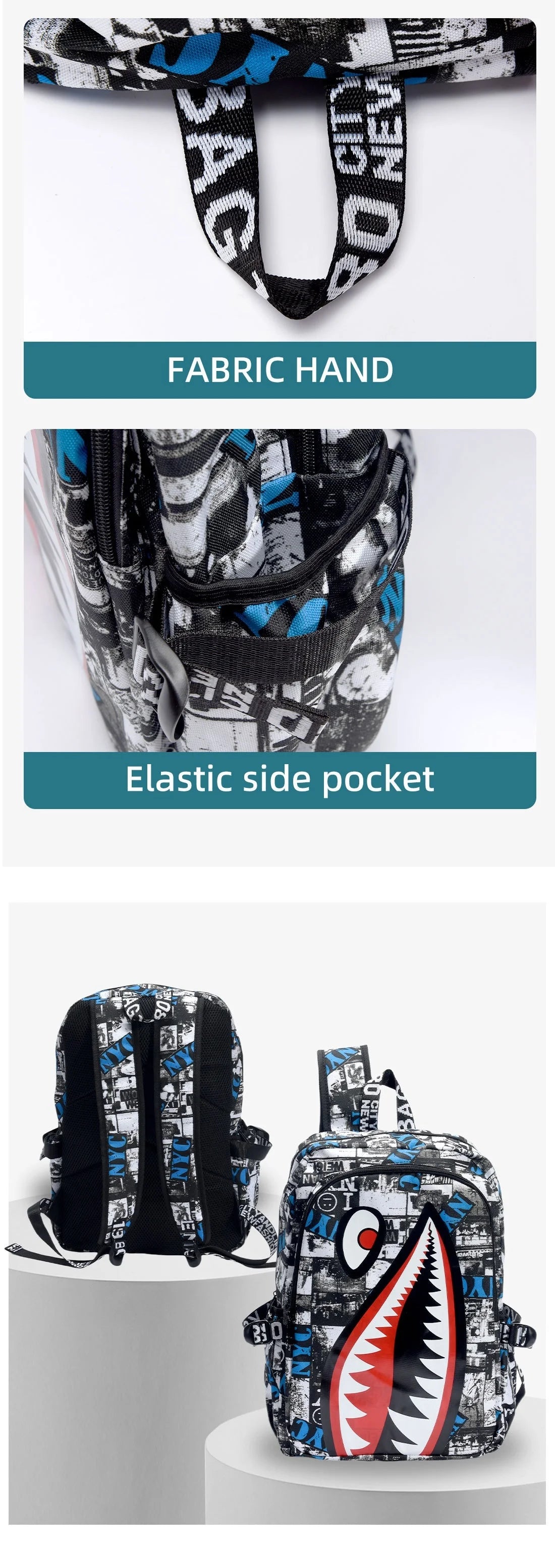 Black White School Satchel Unisex Casual Daypack Lightweight Women Back Bag Designer Shark School Bag Teenage Girls Boys College