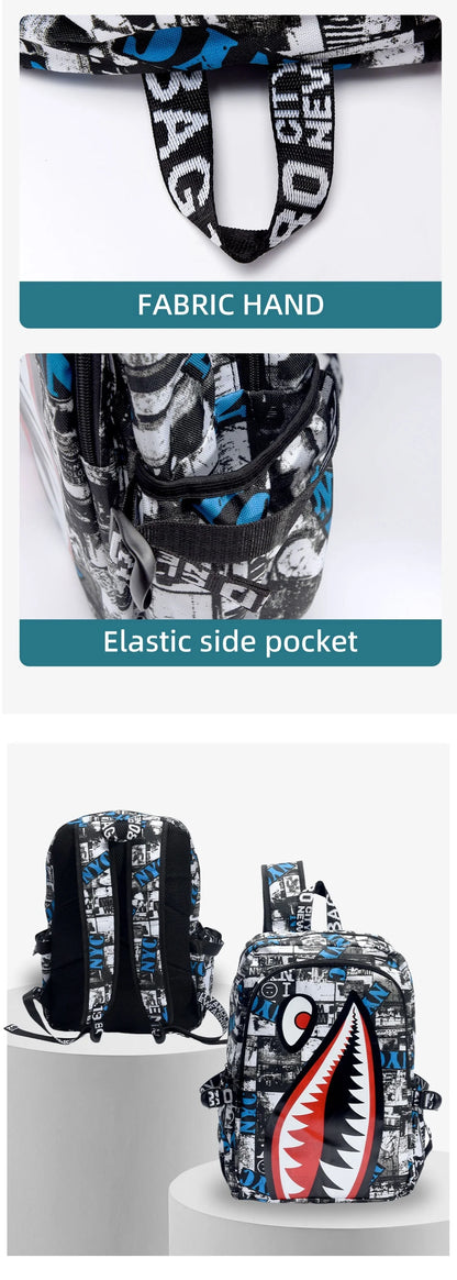 Black White School Satchel Unisex Casual Daypack Lightweight Women Back Bag Designer Shark School Bag Teenage Girls Boys College