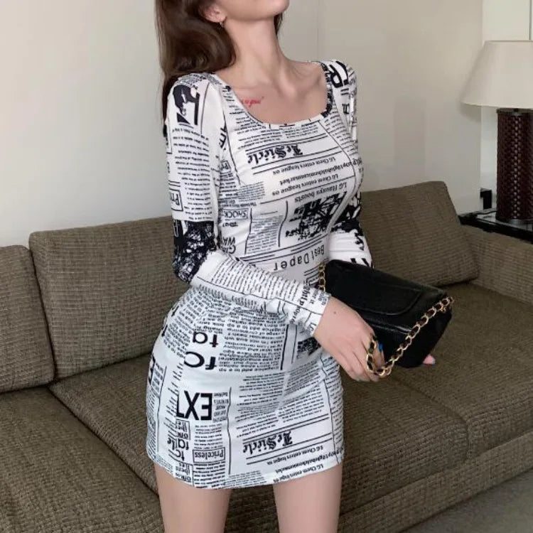 Dress for Women Korean Style Tight Newspaper Printed Dress Summer Hot Girl Suspender Short Skirt Pure Desire Long Sleeved Dress