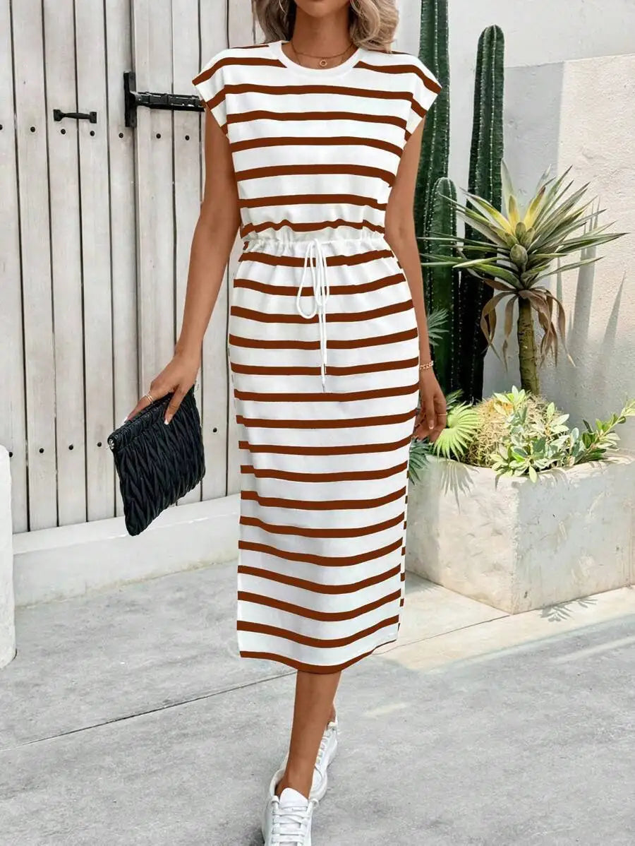 Fashion Ladies Black and White Striped Split Crew Neck Casual Dress White Dress Women Dress Summer Dress