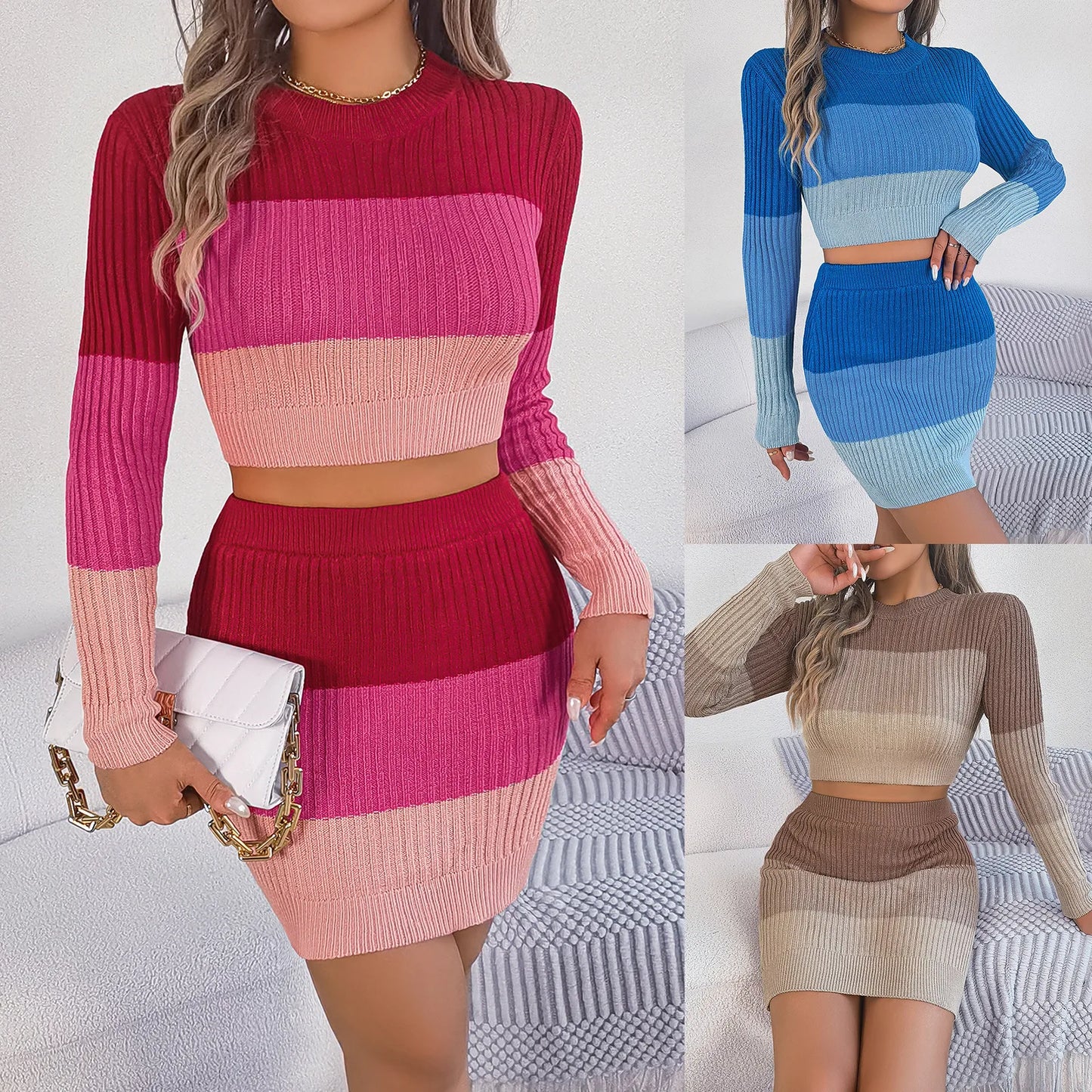 Women Kiitted Striped  Long Sleeve Crop Tops And Bodycon Mini Skirts 2 Pieces Sets Autumn Winter PatchworkTwo Piece Set Women