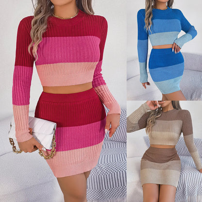Women Kiitted Striped  Long Sleeve Crop Tops And Bodycon Mini Skirts 2 Pieces Sets Autumn Winter PatchworkTwo Piece Set Women