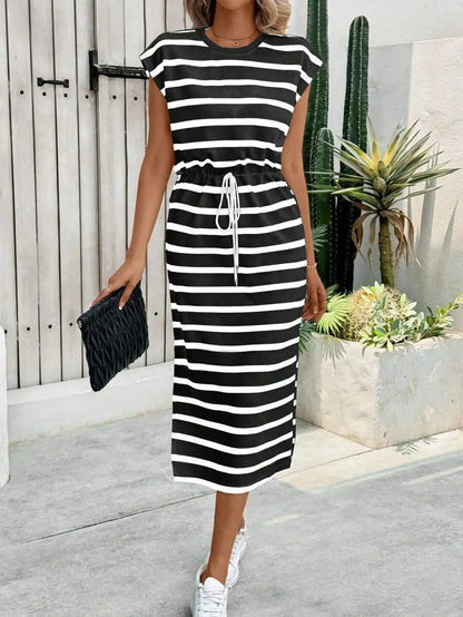 Fashion Ladies Black and White Striped Split Crew Neck Casual Dress White Dress Women Dress Summer Dress