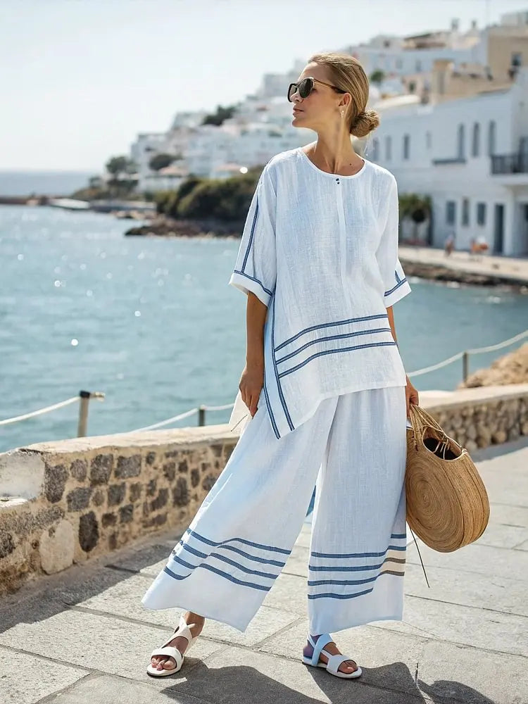 Retro Vacation Printed Striped 2Piece Set Half Sleeve Oversize Pullover Top+Long Pants Casual Women Patchwork Pocket Set Outfits