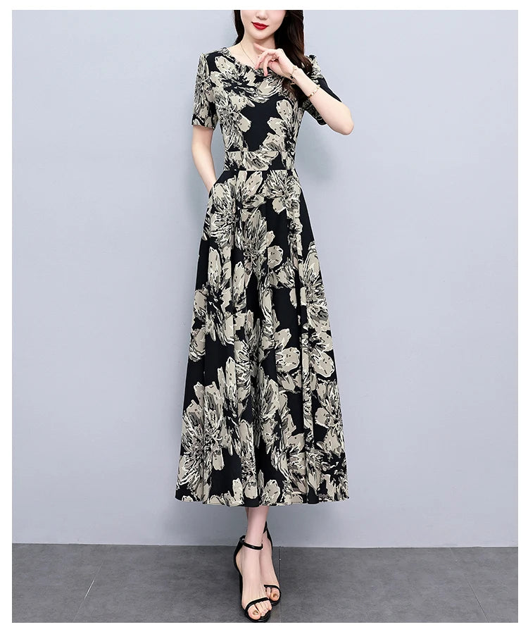 2024 Summer Floral Casual Long Sundress Women Elegant Bodycon Party Chic Prom Night Dresses Fashion Vintage Black Luxury Clothes