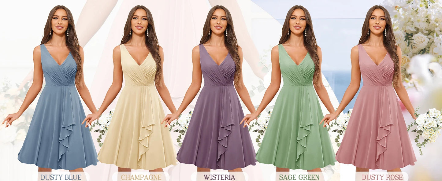 Short Bridesmaid Dresses for Women V-Neck Knee Length Pleated Ruffles Chiffon Evening Gown Evening Dresses Prom Party Dresses
