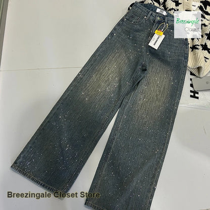 Korean style fashion rhinestone jeans women's autumn and winter new design temperament high waist straight loose trousers.
