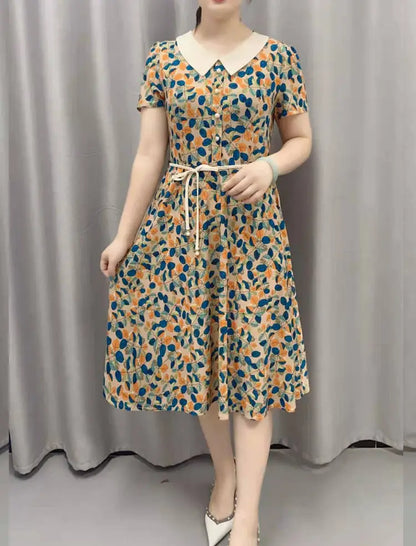 Women’s Vintage Floral Midi Dress – Peter Pan Collar Short Sleeve Button Dress