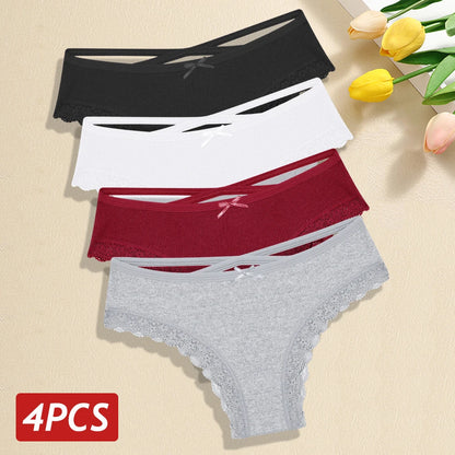 4PCS/Set Women Cotton Panties Sexy Lace Braizlian Panties Low Rise Hollow Out Underwear for Female Cute Bow Breathable Lingerie