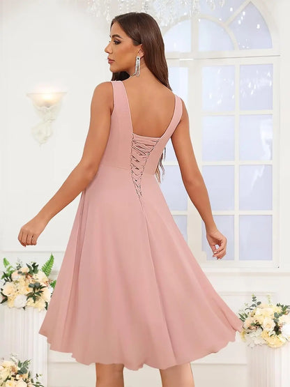 Short Bridesmaid Dresses for Women V-Neck Knee Length Pleated Ruffles Chiffon Evening Gown Evening Dresses Prom Party Dresses