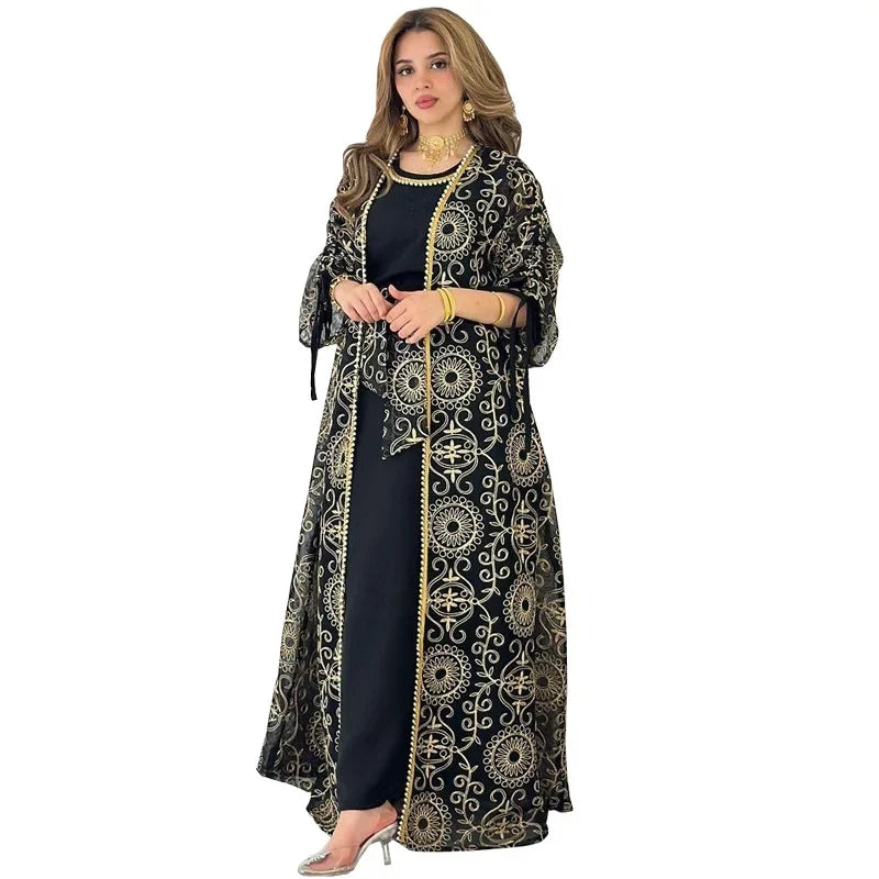 Eid Muslim Abayas for Women Party 2 Piece Set Embroidery Cardigan Robe Lace Up Dress Morocco Kaftan Islam Ramadan Dubai Vestidos