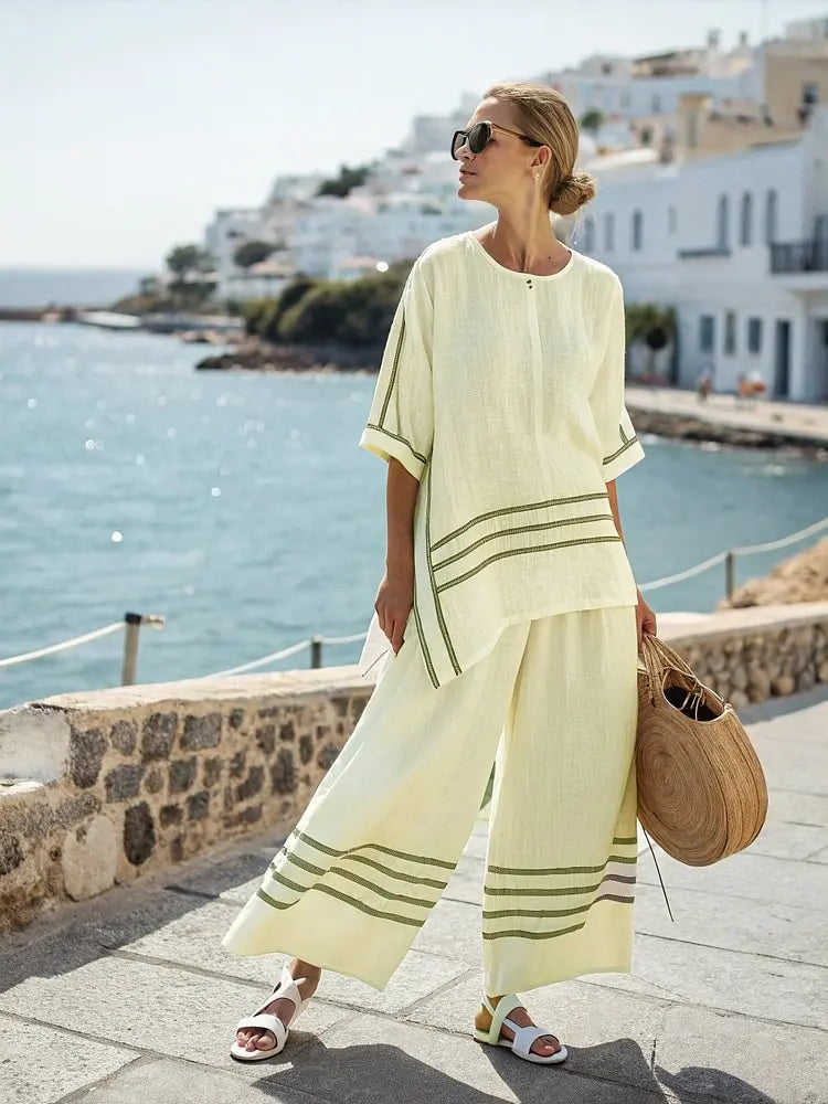 Retro Vacation Printed Striped 2Piece Set Half Sleeve Oversize Pullover Top+Long Pants Casual Women Patchwork Pocket Set Outfits