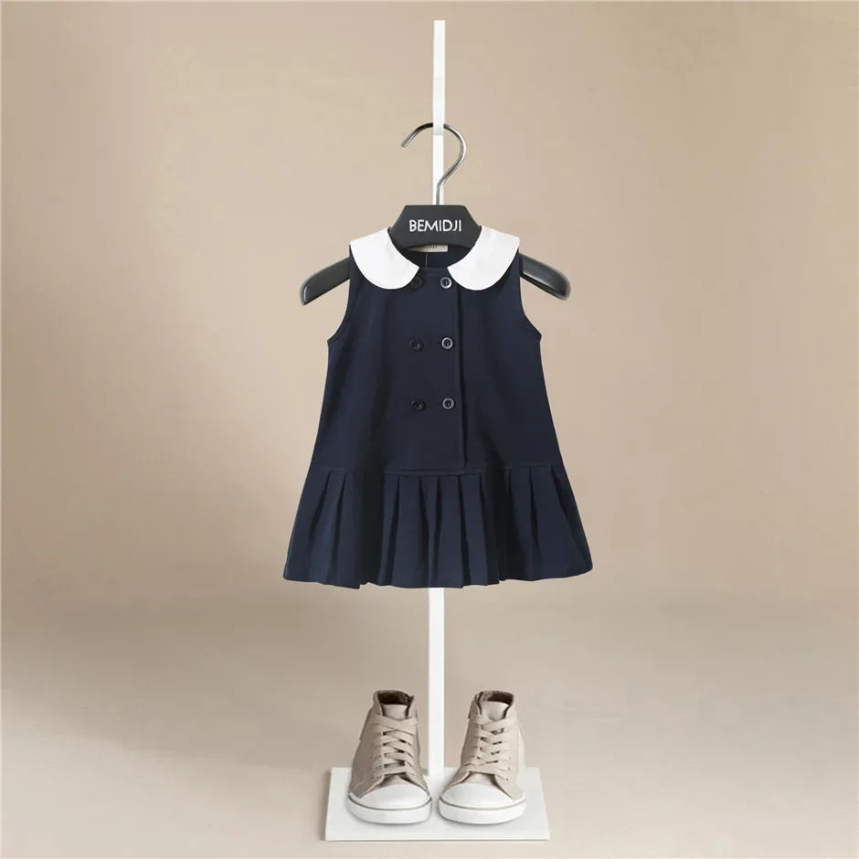Girls Dress Summer Party Sleeveless  Plaid Dress Cotton Kids Dresses College Style Pleated Skirt Navy Blue New Year Costumes