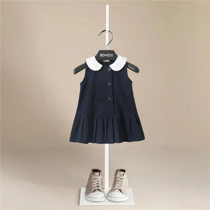 Girls Dress Summer Party Sleeveless  Plaid Dress Cotton Kids Dresses College Style Pleated Skirt Navy Blue New Year Costumes