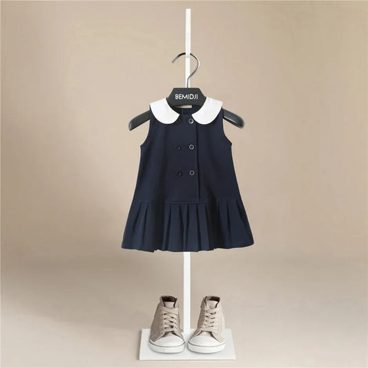 Girls Dress Summer Party Sleeveless  Plaid Dress Cotton Kids Dresses College Style Pleated Skirt Navy Blue New Year Costumes