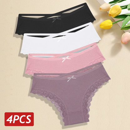 4PCS/Set Women Cotton Panties Sexy Lace Braizlian Panties Low Rise Hollow Out Underwear for Female Cute Bow Breathable Lingerie